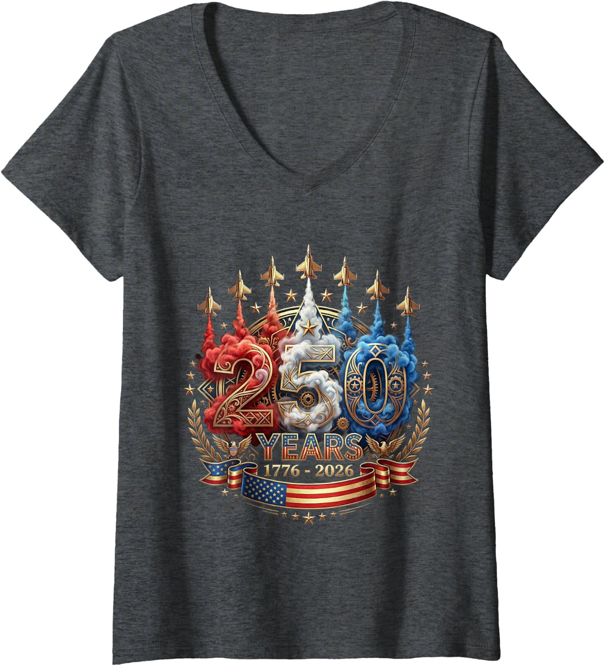 Women's 250 Years of Freedom 1776 Patriotic Independence Anniversary V-Neck T-Shirt - Dark Heather Grey
