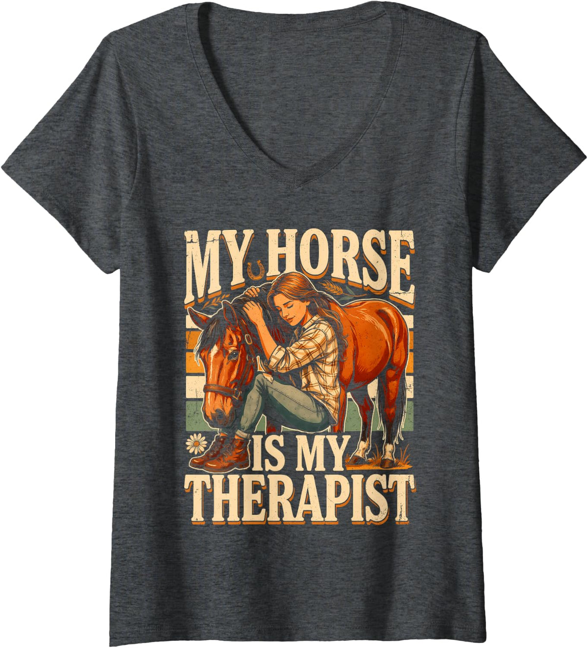 Women's My Horse is My Therapist Equestrian Riding V-Neck T-Shirt - Dark Heather Grey