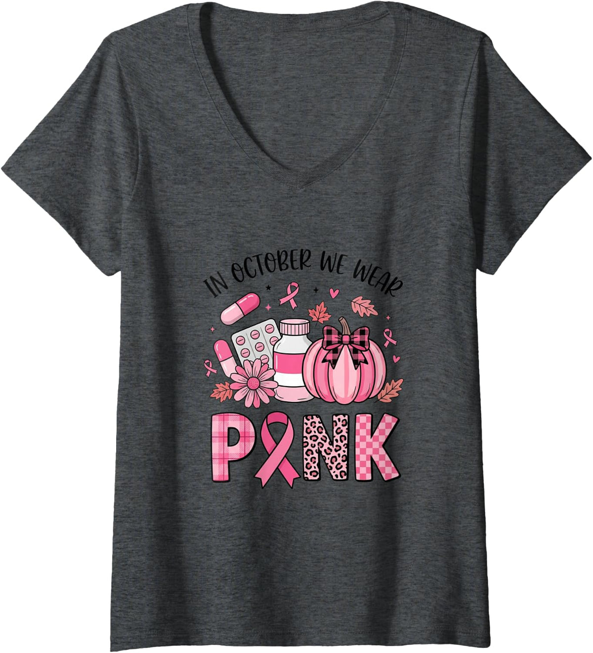 Women's in October We Wear Pink Pill Pharmacist Breast Cancer V-Neck T-Shirt - Dark Heather Grey