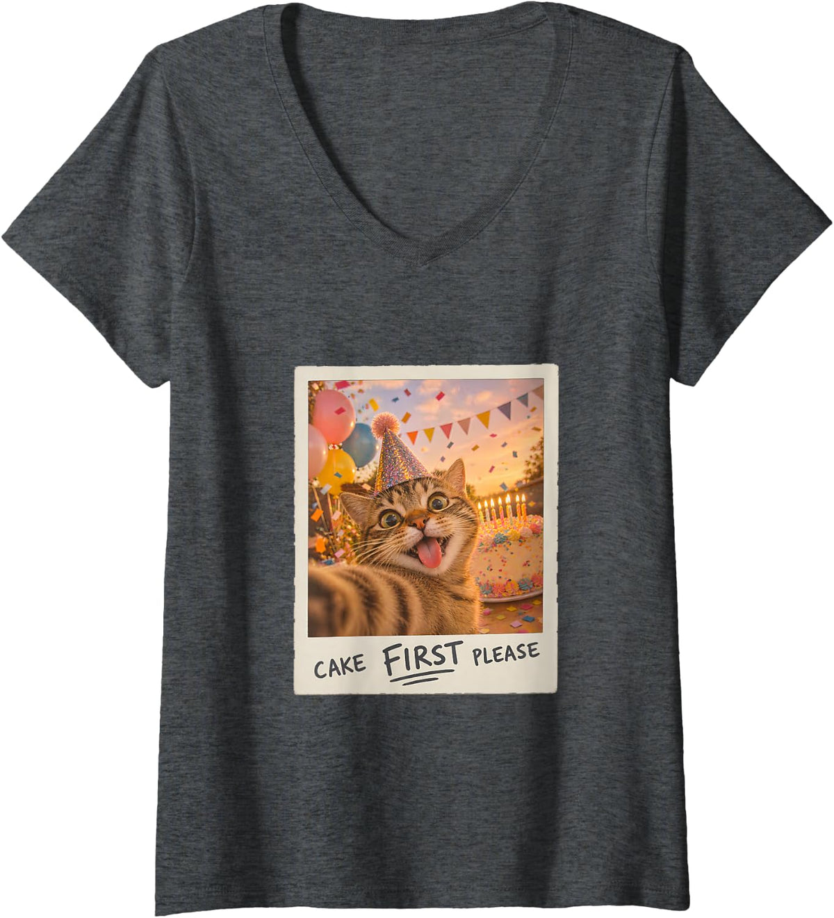 Women's Cake First Please Tabby Cat Selfie Birthday Funny V-Neck T-Shirt - Dark Heather Grey
