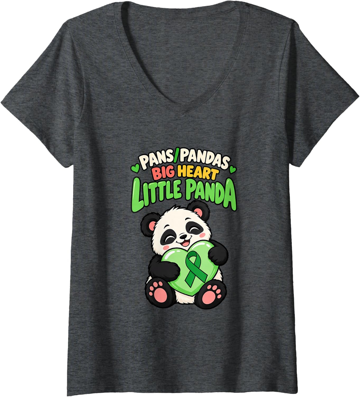 Women's Pans Pandas Big Heart Little Panda Kindness Awareness V-Neck T-Shirt - Dark Heather Grey