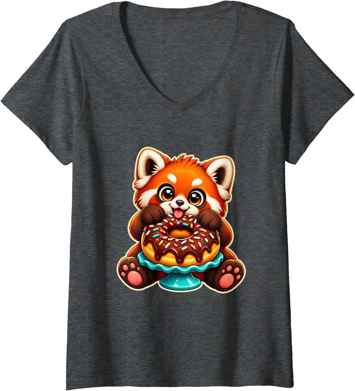Women's Rust Colored Panda with Chocolate Donut V-Neck T-Shirt - Dark Heather Grey