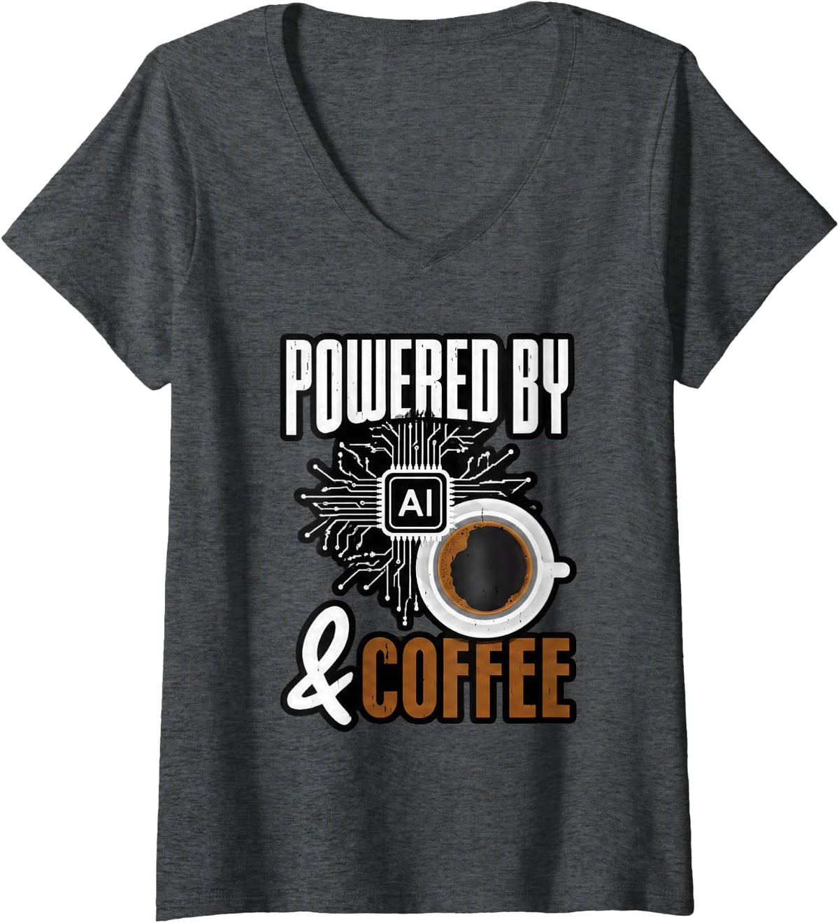 Women's Funny Artificial Intelligence Tech Powered By AI and Coffee V-Neck T-Shirt - Dark Heather Grey