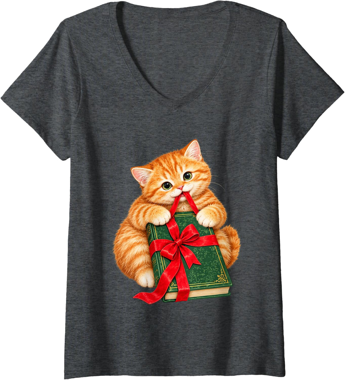 Women's Cute Christmas Orange Tabby Cat Book Lover Ginger Kitten V-Neck T-Shirt - Dark Heather Grey