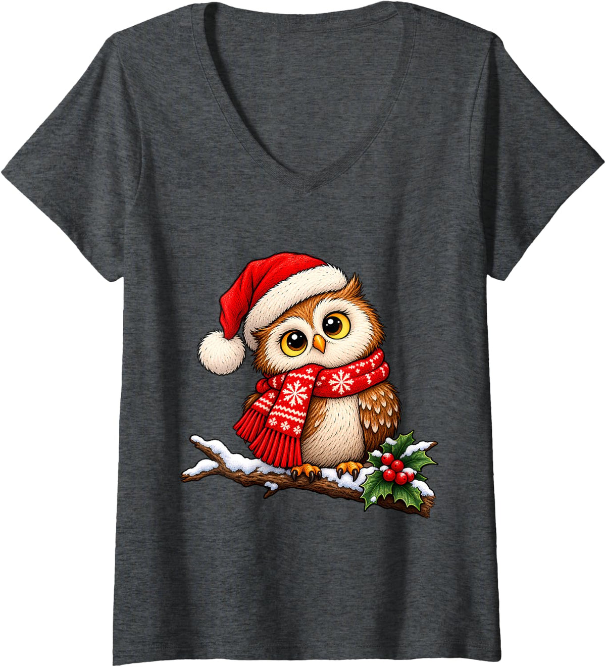 Women's Christmas Winter Owl On Snowy Branch for Owl Lovers V-Neck T-Shirt - Dark Heather Grey