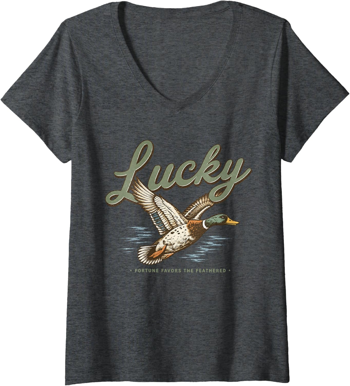 Women's Vintage Mallard Duck Lucky Fortune Favors The Feathered V-Neck T-Shirt - Dark Heather Grey