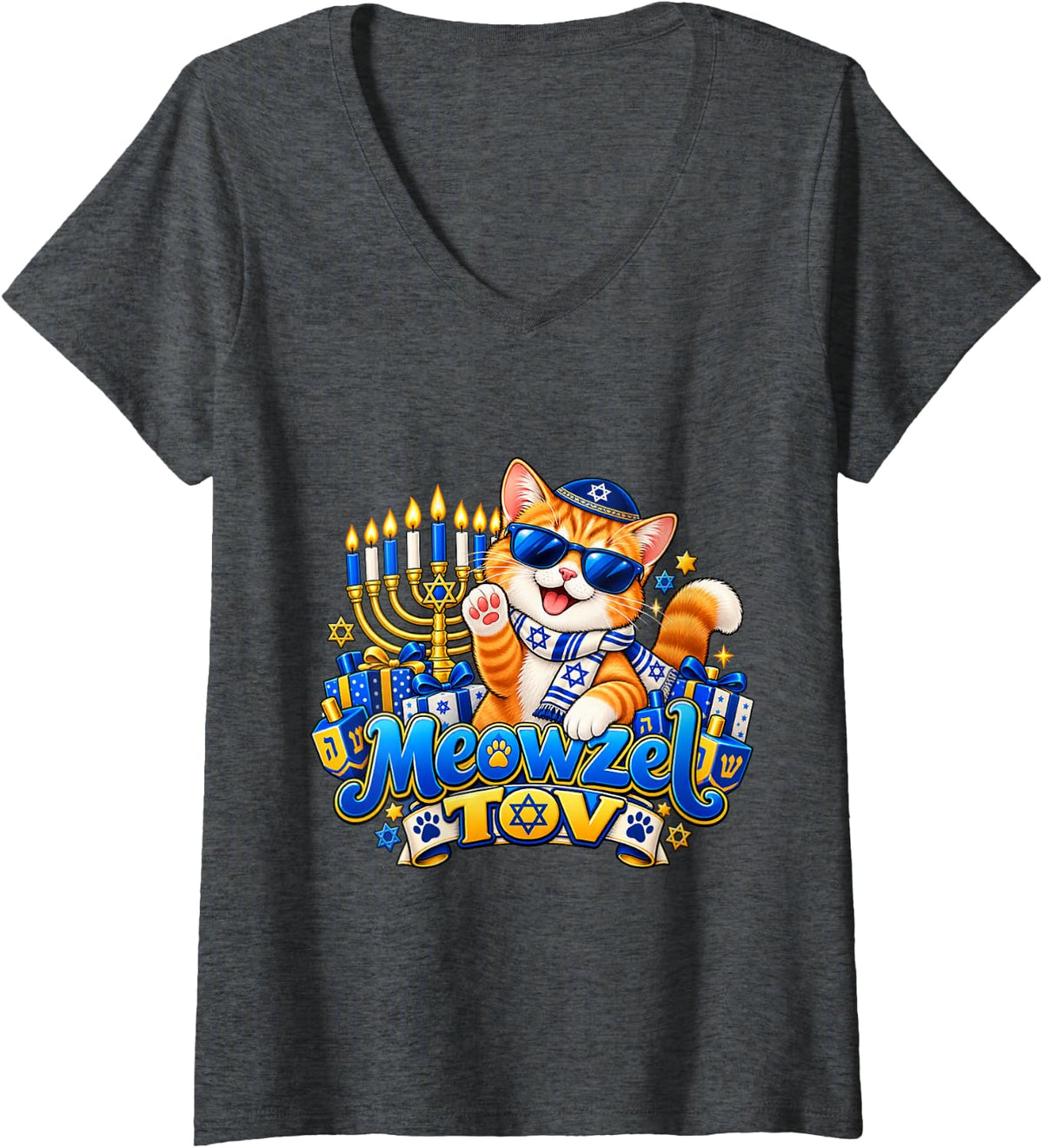 Women's Meowzel Tov Funny Hanukkah Cat Jewish Holiday V-Neck T-Shirt - Dark Heather Grey