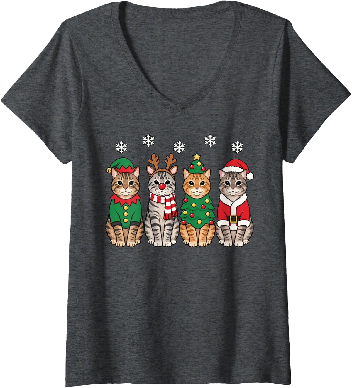 Women's Tabby Cat Christmas Reindeer Santa V-Neck T-Shirt - Dark Heather Grey