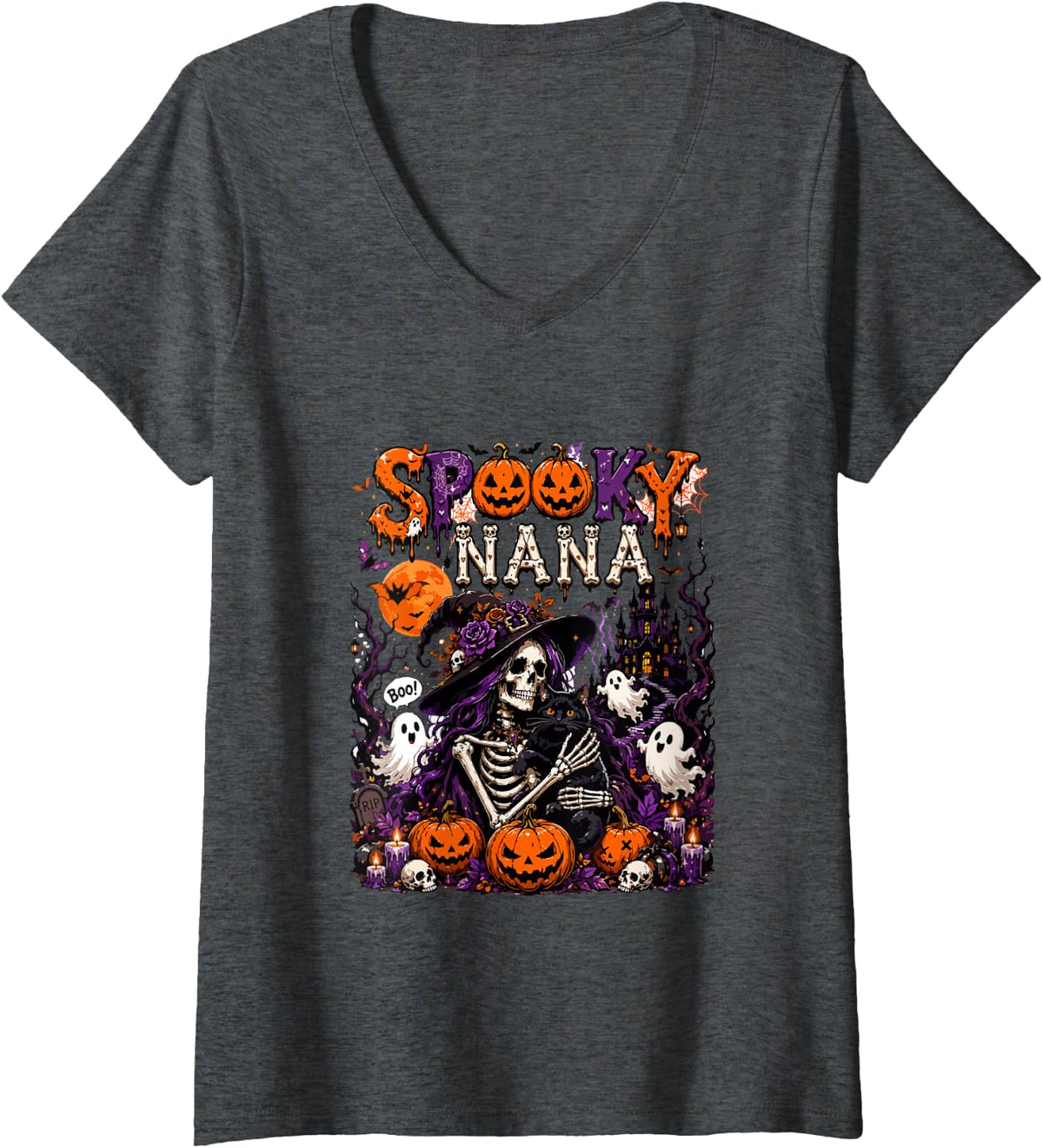 Women's Spooky Halloween Nana Horror Skeleton As Witch Boo Ghost V-Neck T-Shirt - Dark Heather Grey