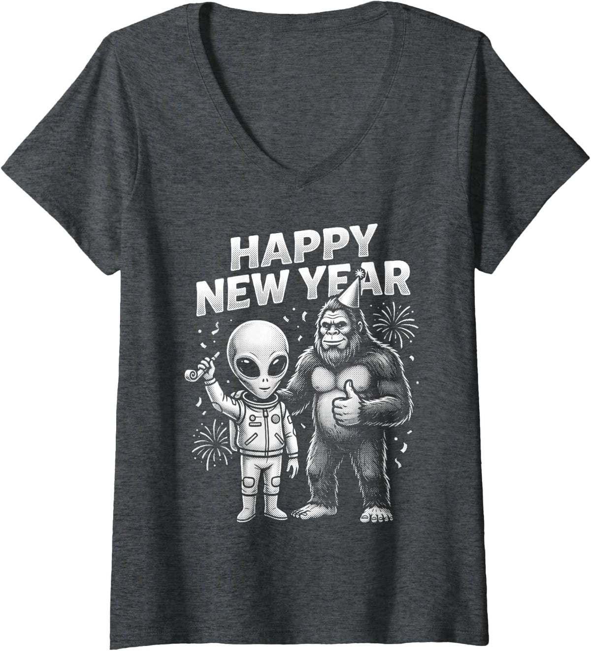 Women's Happy New Year Funny Bigfoot Alien Sasquatch V-Neck T-Shirt - Dark Heather Grey