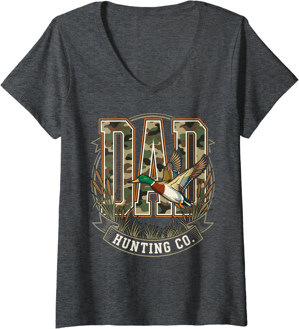Women's Dad Camo Mallard Duck Hunting Outdoors Fathers Day V-Neck T-Shirt - Dark Heather Grey