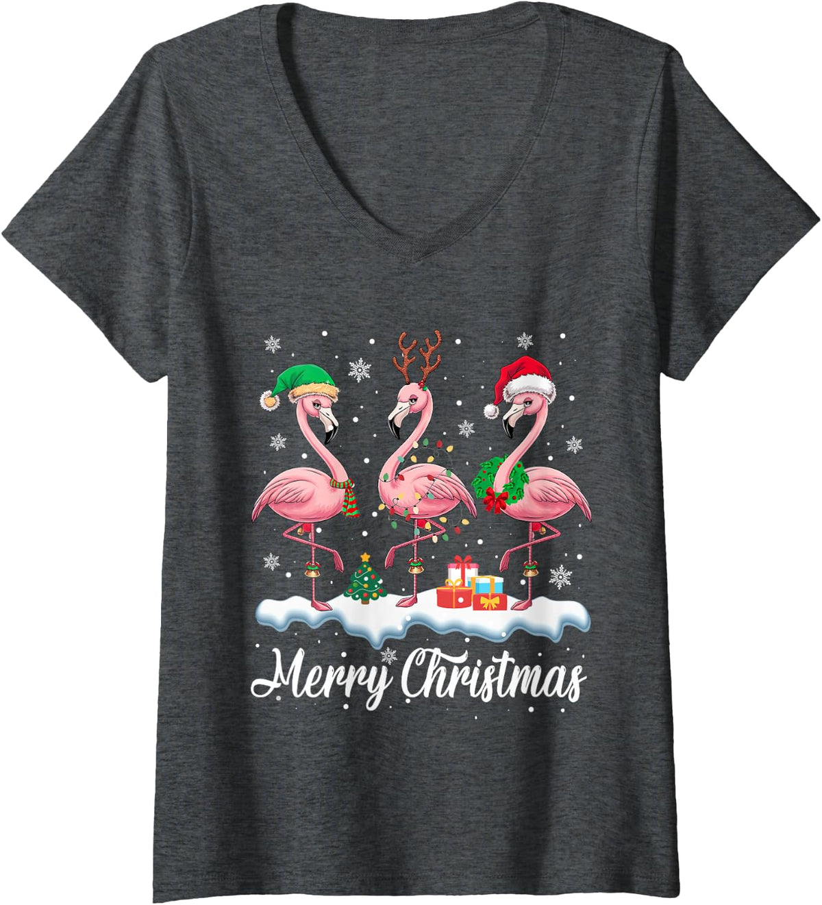 Women's Merry Christmas Flamingo Men Women Kid Xmas Pajamas Flamingo V-Neck T-Shirt - Dark Heather Grey