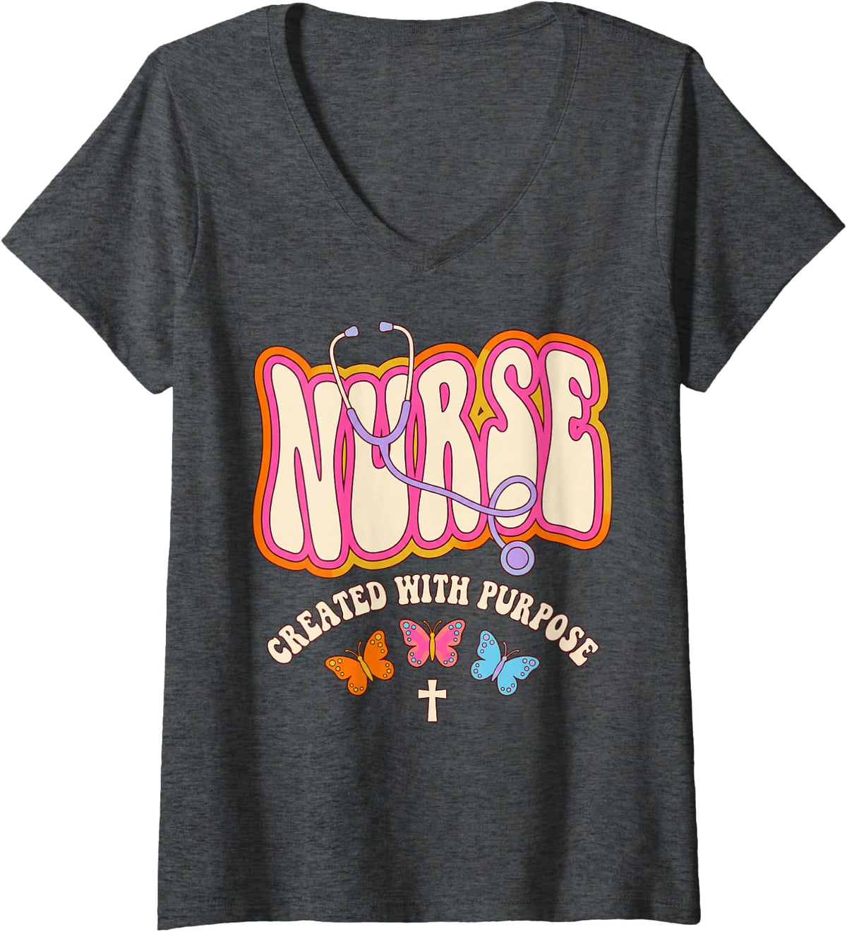 Women's Nurse Created Purpose Jesus Faith God CNA Christian Nurse V-Neck T-Shirt - Dark Heather Grey