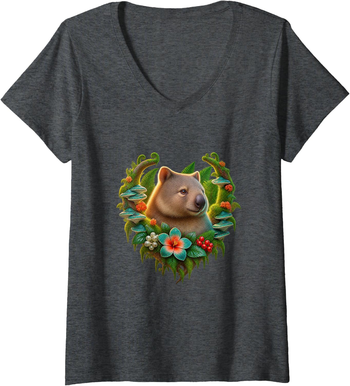Women's Wombat Among Teal Mushrooms V-Neck T-Shirt - Dark Heather Grey