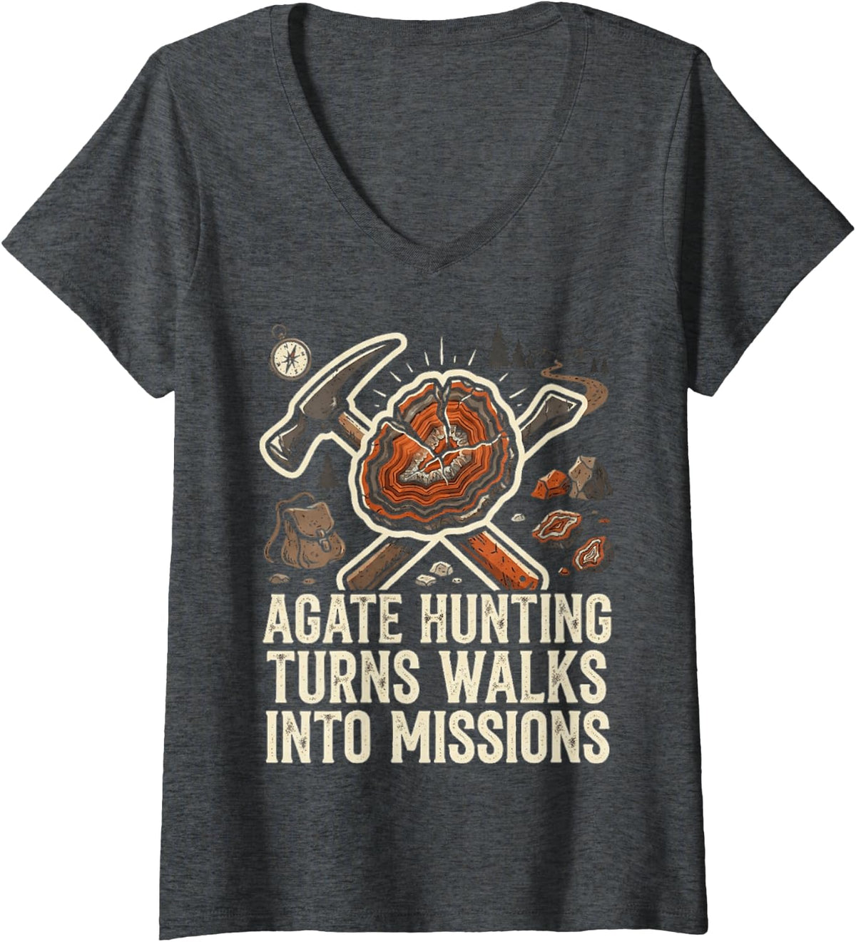 Women's Rock Collecting Rockhounding Rock Collector Agate Hunting V-Neck T-Shirt - Dark Heather Grey