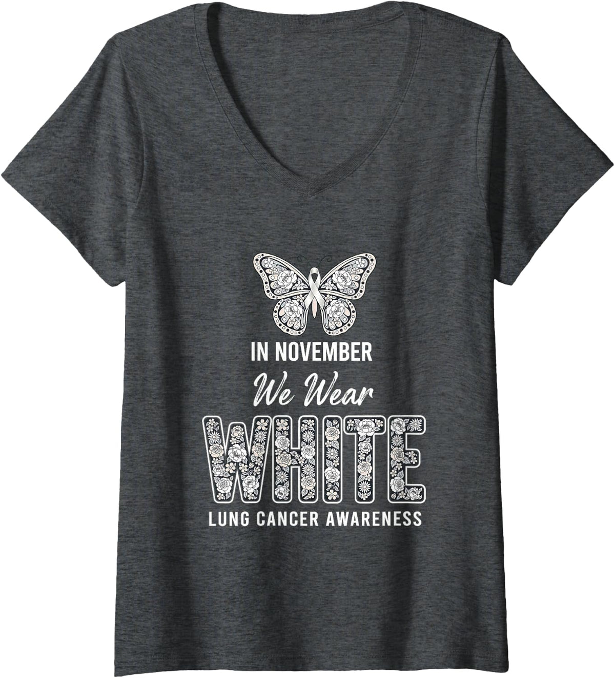 Women's in November We Wear White Lung Cancer Awareness V-Neck T-Shirt - Dark Heather Grey