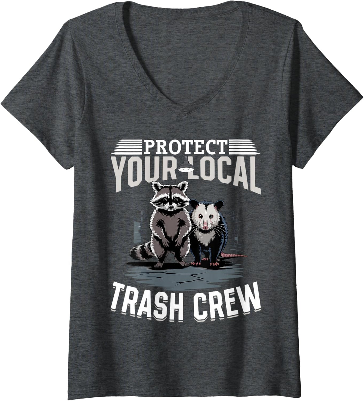 Women's Funny Opossum and Raccoon V-Neck T-Shirt - Dark Heather Grey
