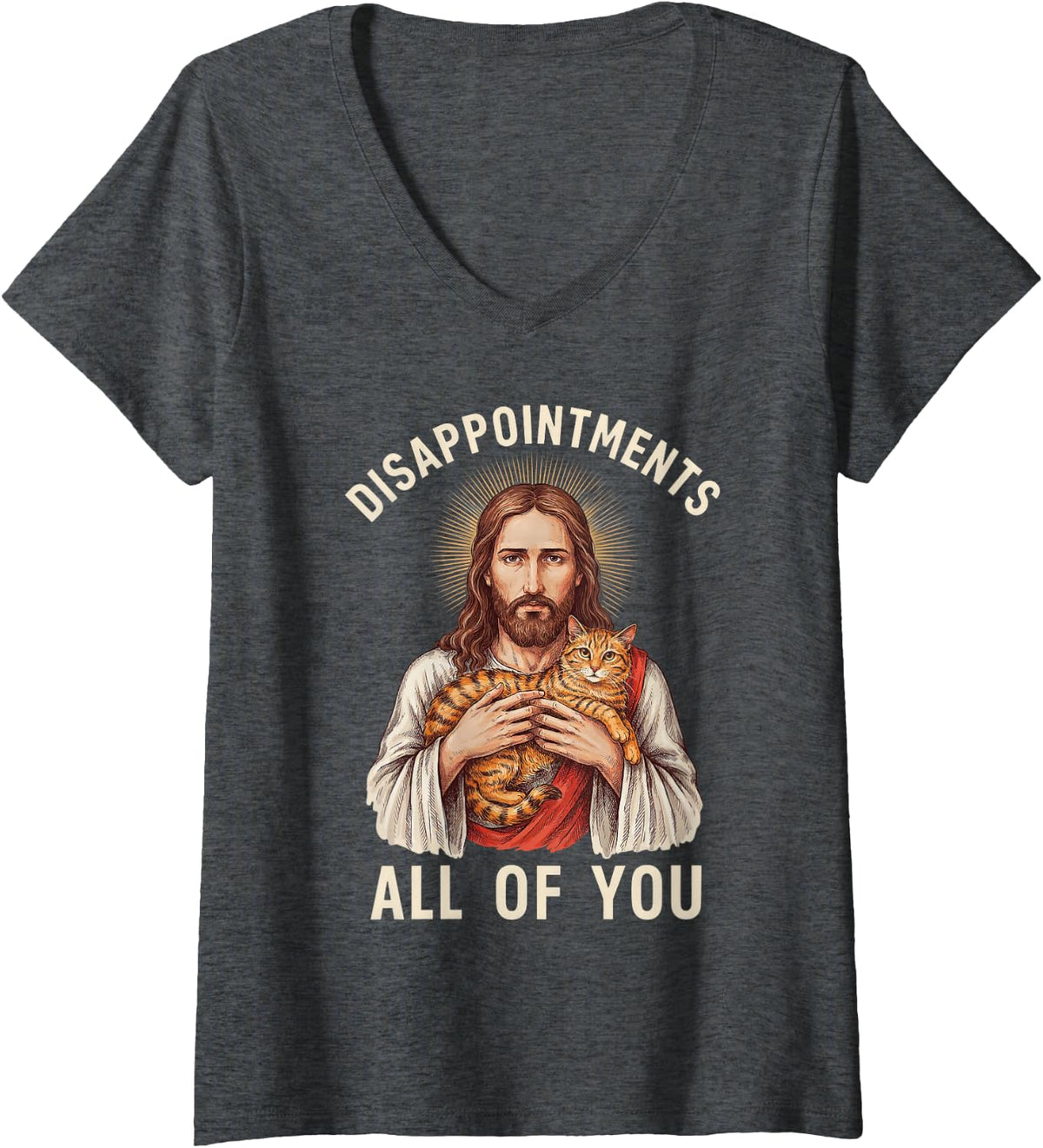 Women's Disappointments All of You Funny Jesus Orange Tabby Cat V-Neck T-Shirt - Dark Heather Grey