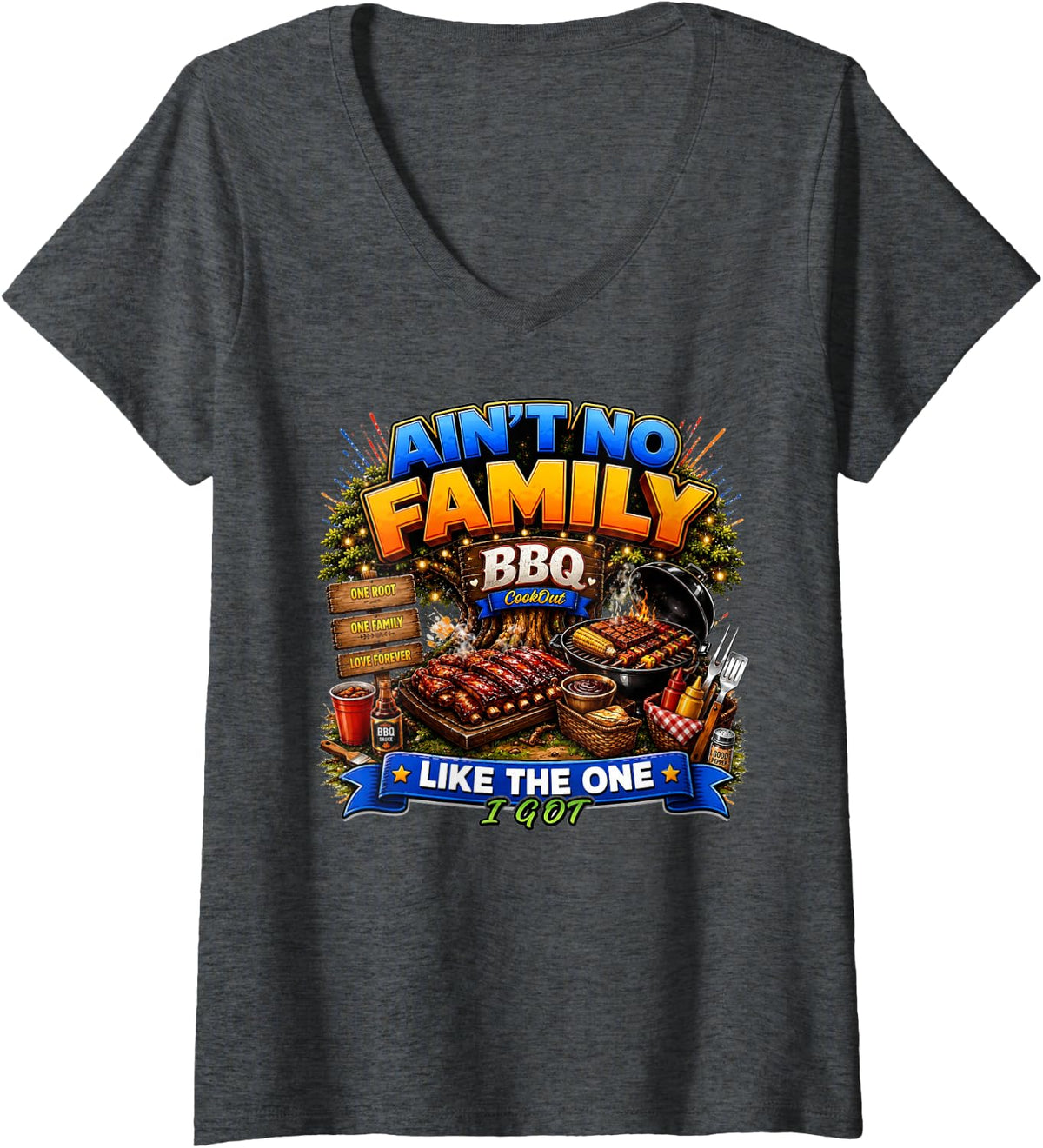 Women's Happy Labor Day Grill BBQ Cookout Family Reunion Matching V-Neck T-Shirt - Dark Heather Grey