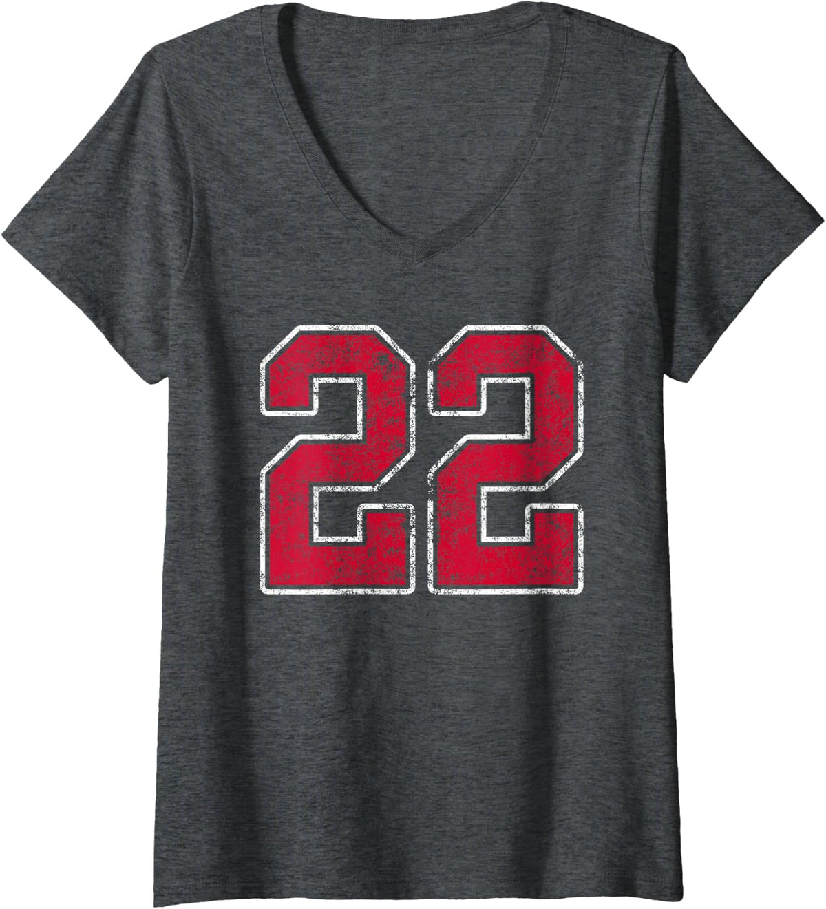 Women's Grunge Red White Number 22 Jersey Player Uniform #22 V-Neck T-Shirt - Dark Heather Grey