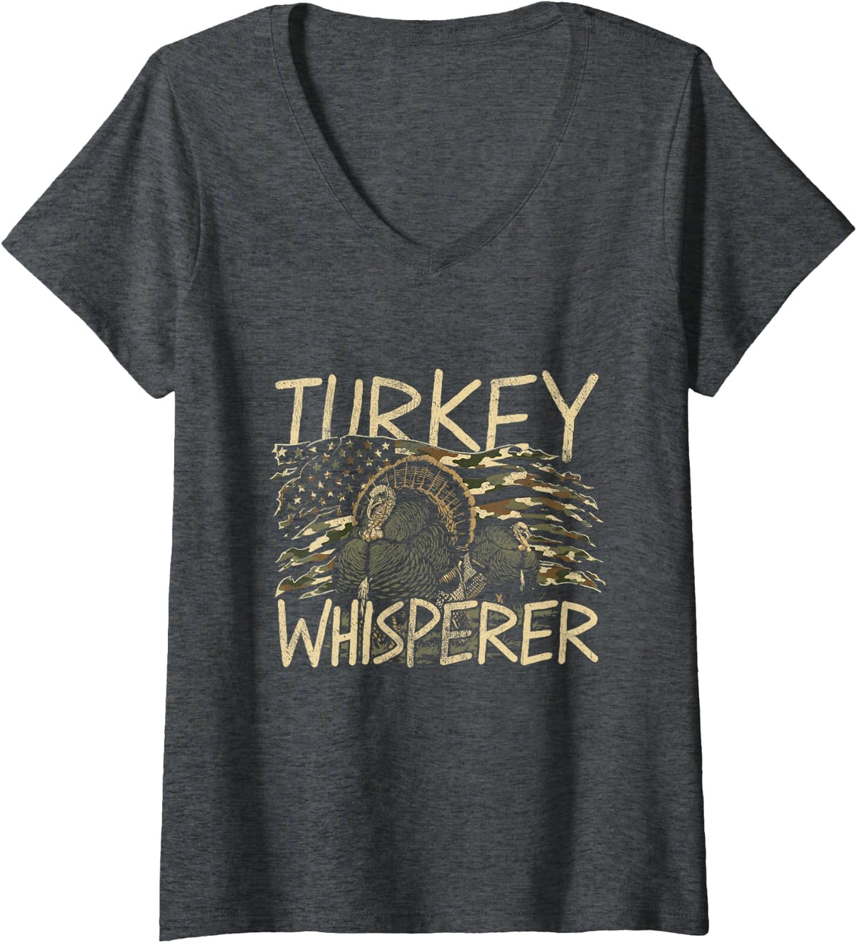Women's Turkey Whisperer Funny Hunting Distressed V-Neck T-Shirt - Dark Heather Grey