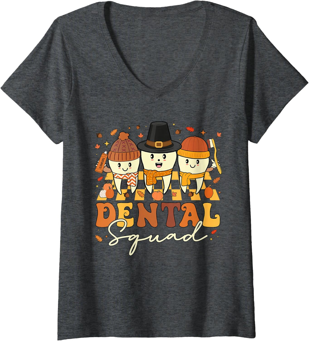 Women's Dental Crew Fall Autumn Teeth Dental Squad Thanksgiving V-Neck T-Shirt - Dark Heather Grey
