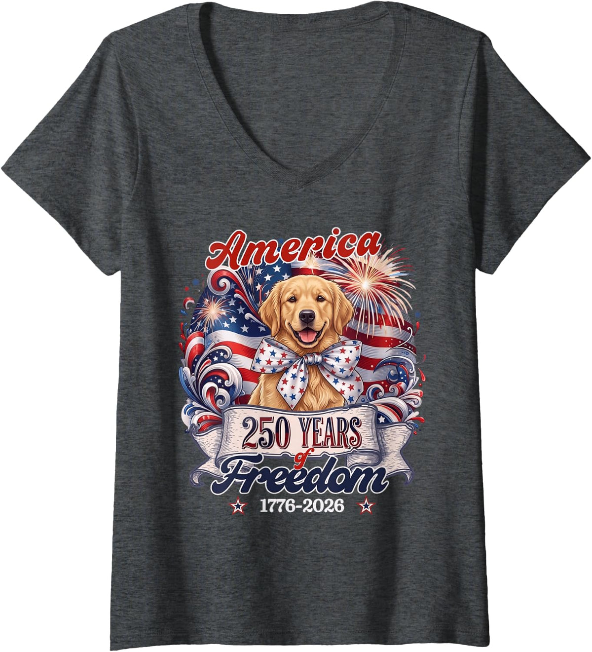 Women's Golden Retriever Dog 250th America Patriotic USA 4th of July V-Neck T-Shirt - Dark Heather Grey