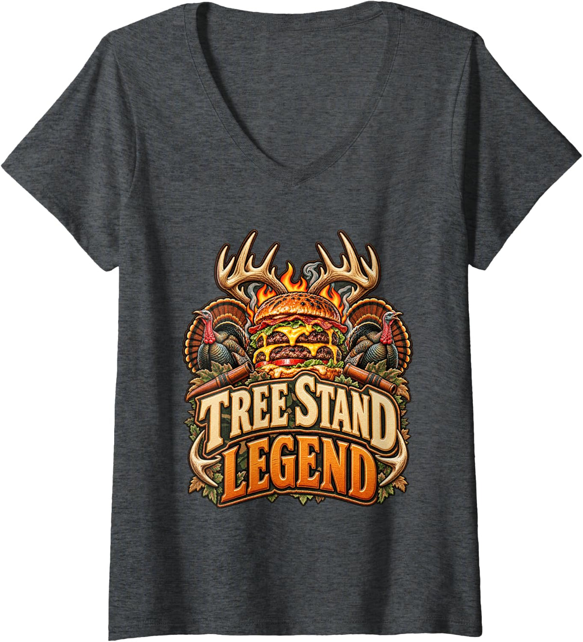 Women's Tree Stand Legend Hunter Deer Turkey Burger Outdoorsman Fun V-Neck T-Shirt - Dark Heather Grey