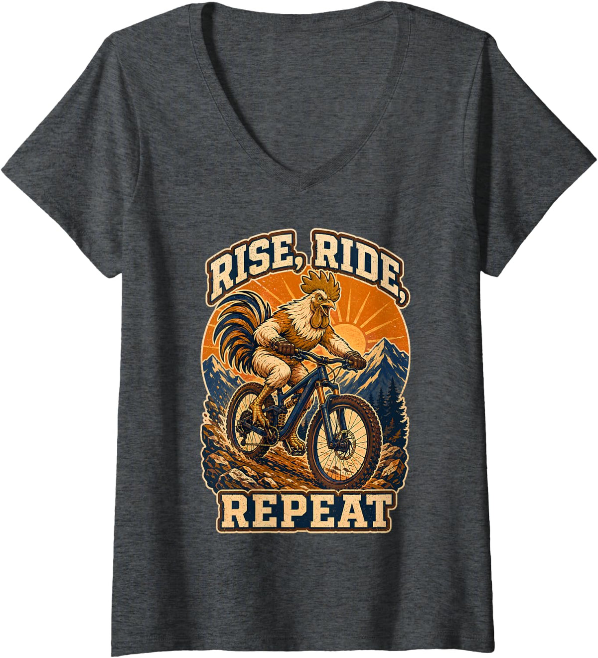 Women's Rise Ride Repeat Funny Rooster Mountain Bike MTB Cycling V-Neck T-Shirt - Dark Heather Grey
