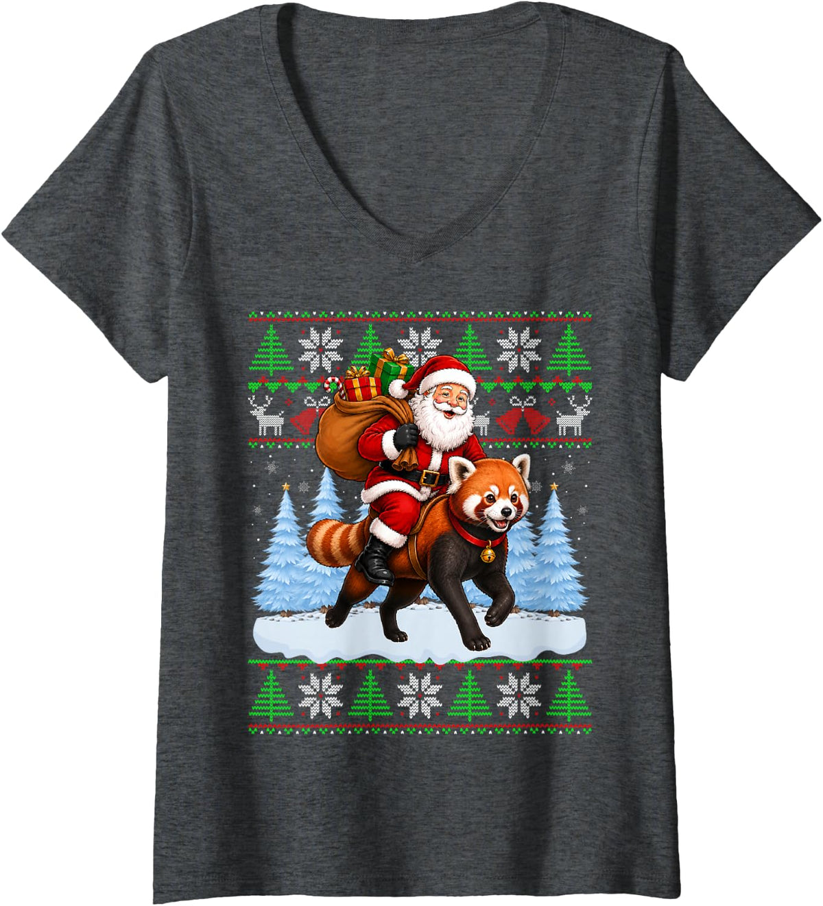Women's Ugly Xmas Sweaters Funny Santa Riding Red Panda Christmas V-Neck T-Shirt - Dark Heather Grey