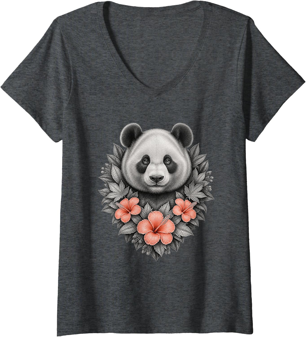Women's Panda with Hibiscus Flowers and Layered Botanical Leaves V-Neck T-Shirt - Dark Heather Grey