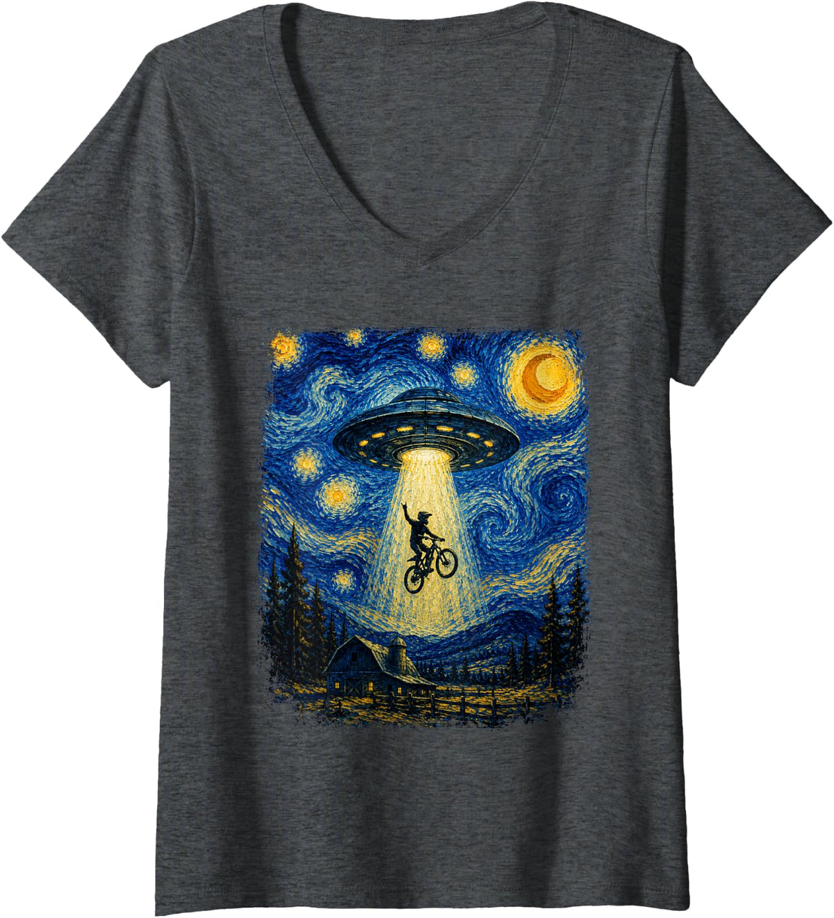Women's UFO Mountain Bike Rider Cycling Bicycling Lovers V-Neck T-Shirt - Dark Heather Grey
