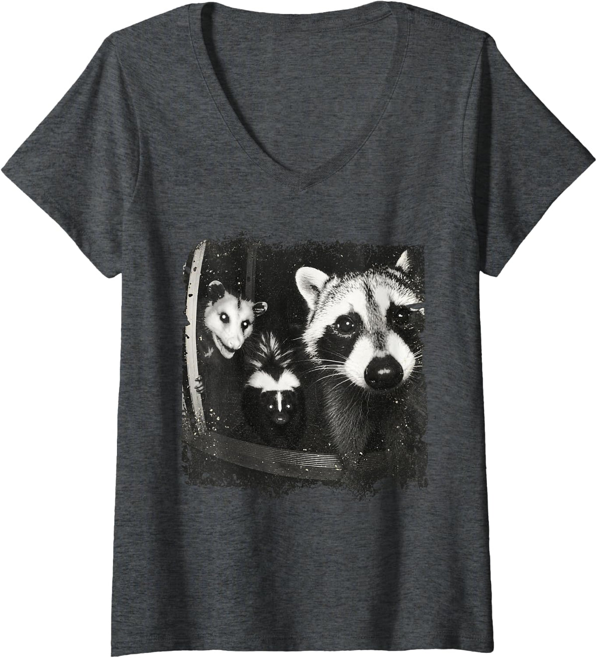 Women's Trash Panda Night Crew Vintage Raccoon Opossum Skunk V-Neck T-Shirt - Dark Heather Grey