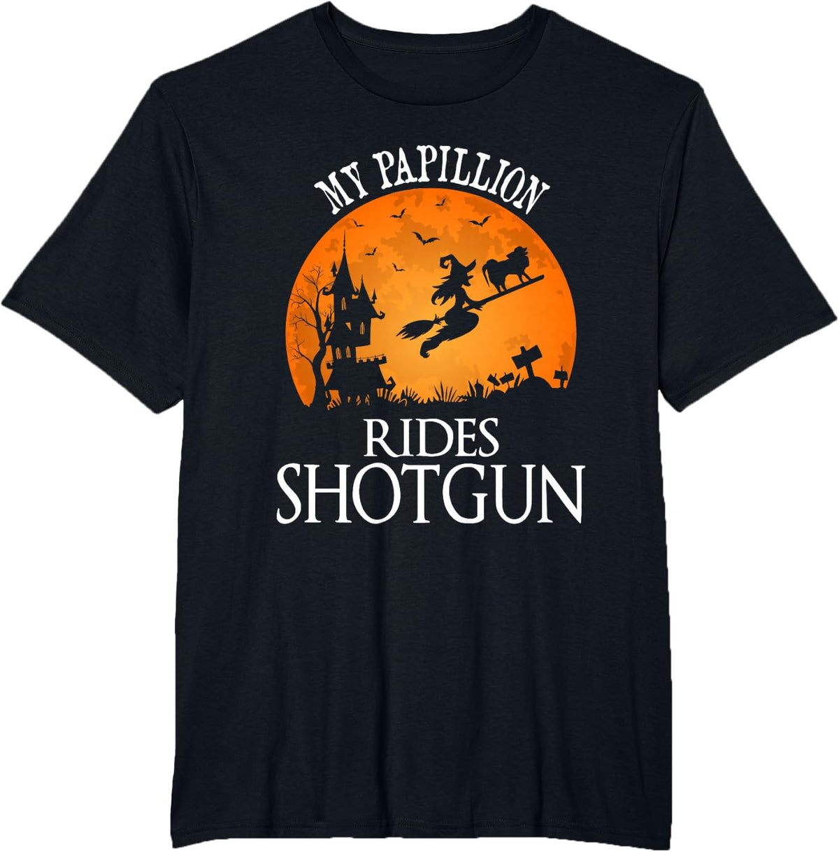 Papillion Rides Shotgun Dog Lover Party T-Shirt - Black