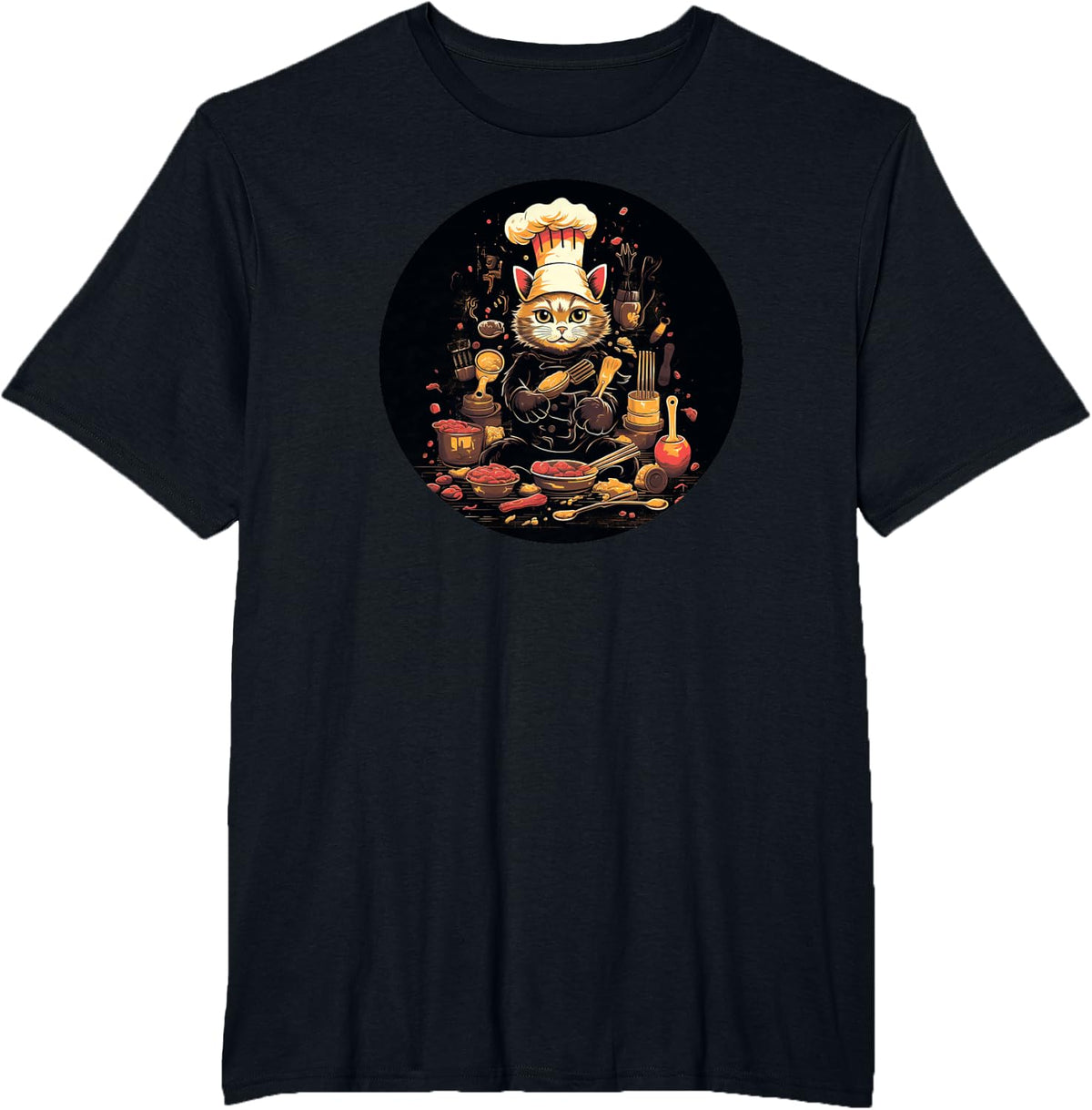 Cat Wearing A Chef's Hat And Apron Funny Cat T-Shirt - Black