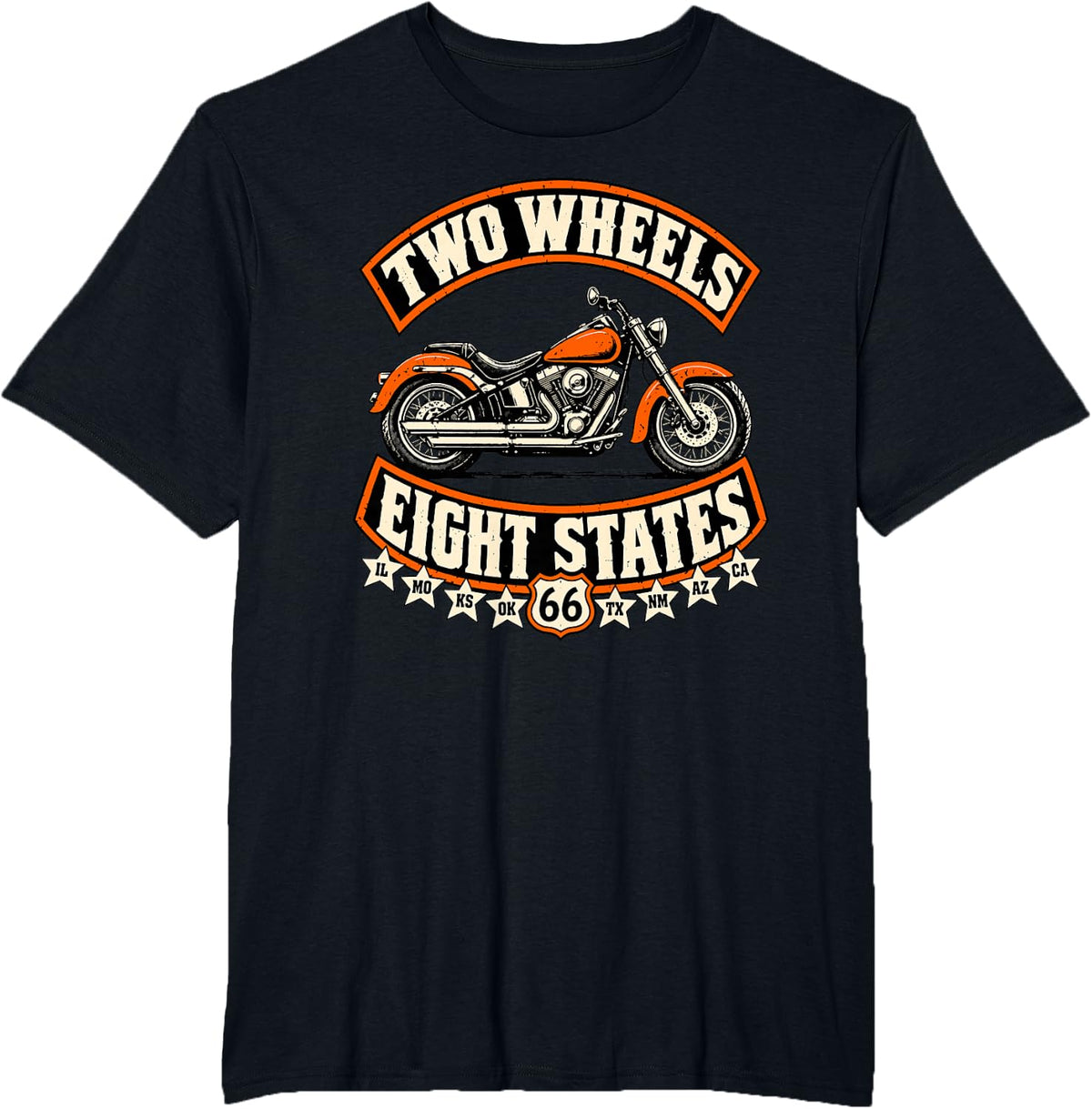 Two Wheels Eight States Highway 66 Biker Man Motorcycle T-Shirt - Black