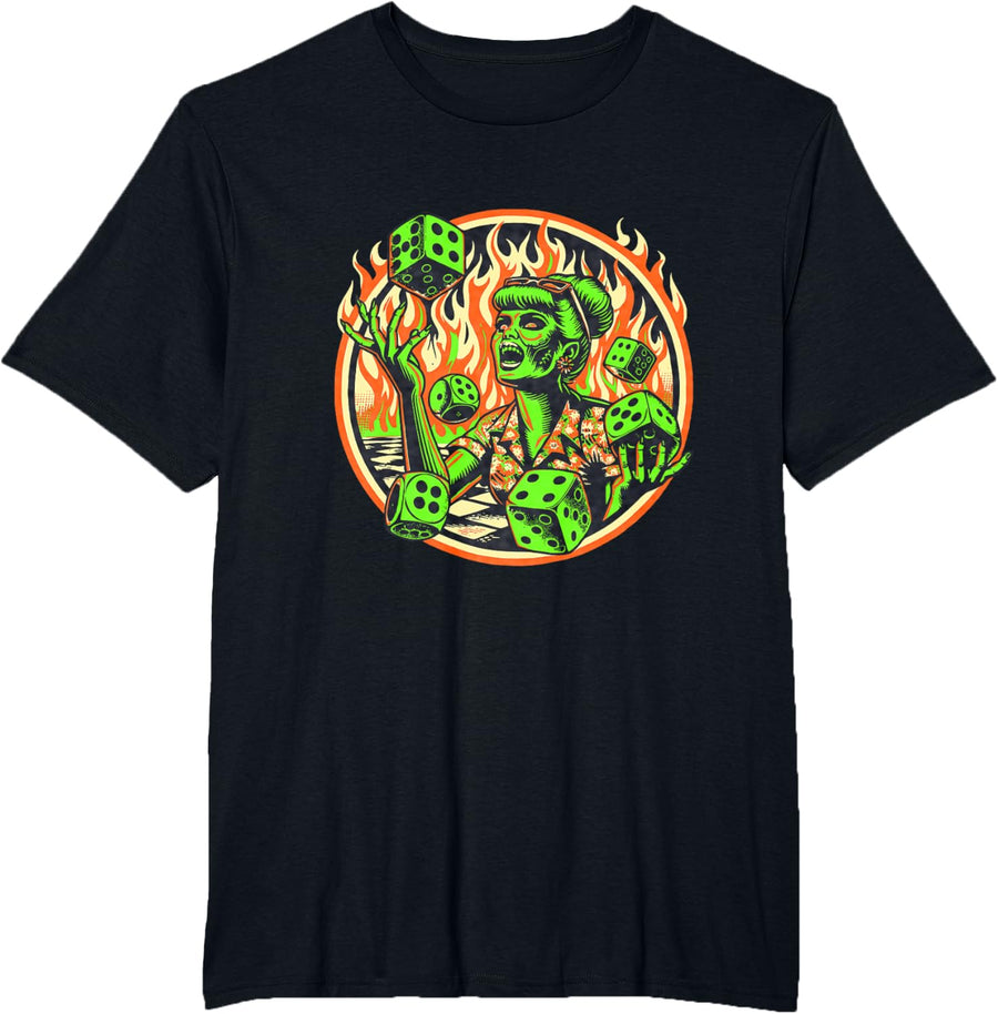 Zombie Skeleton Pin-up Horror Art Psychobilly Dice Flames T-Shirt - Black