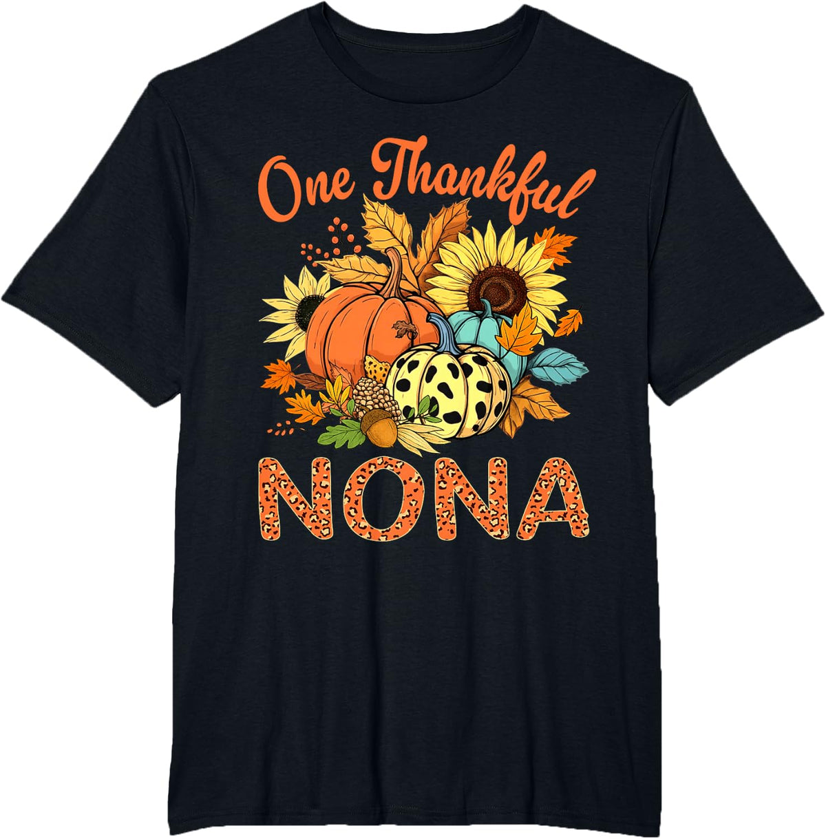 One Thankful Nona Leopard Pumpkin Sunflower T-Shirt - Black