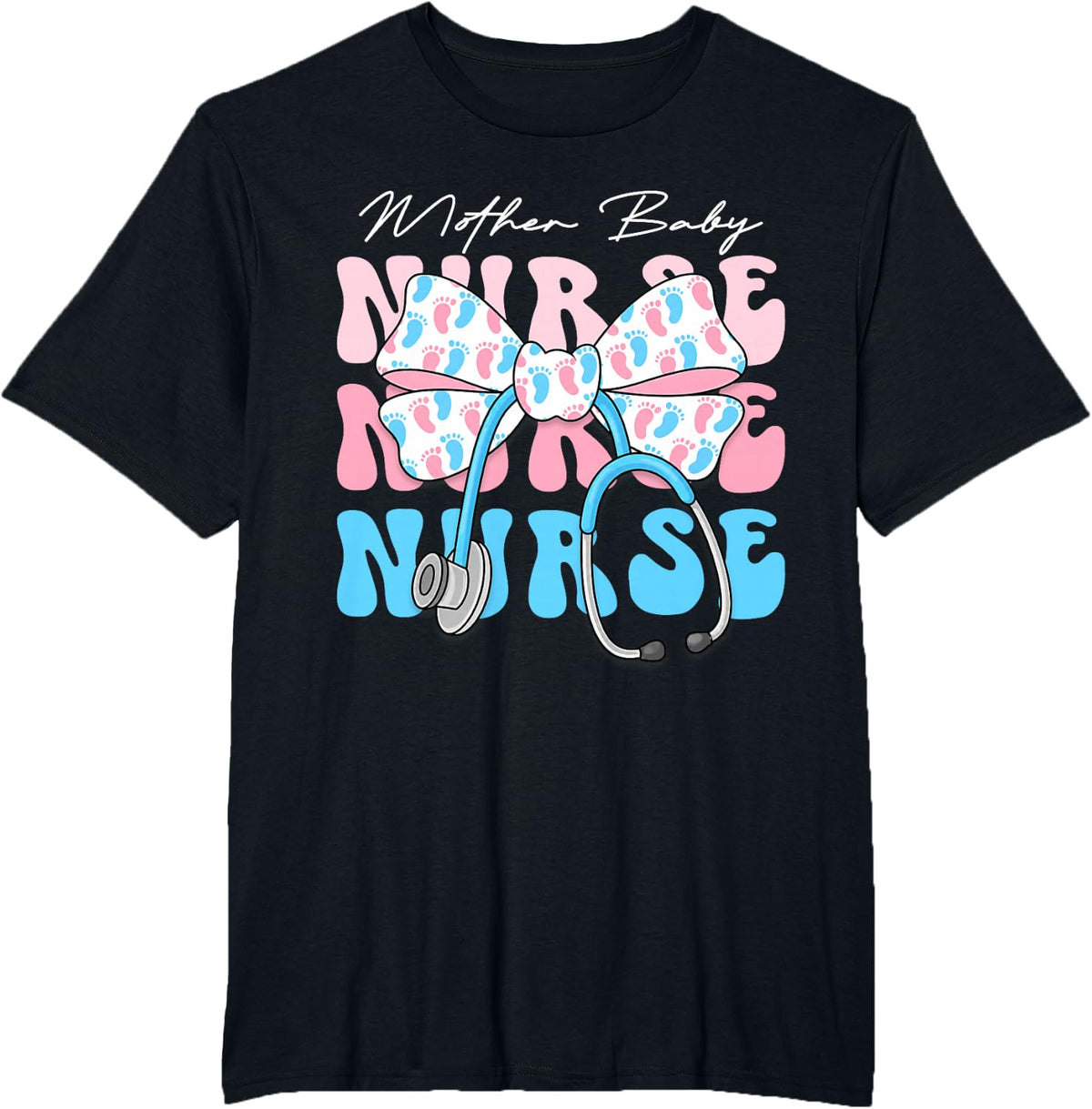 Mother Baby Nurse Team Coquette Blue Stethoscope Bow Doctor T-Shirt - Black