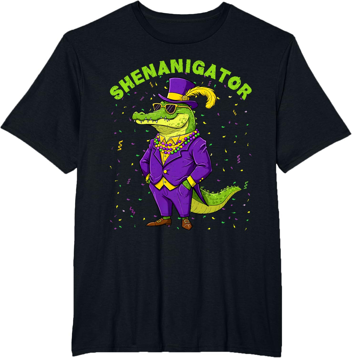 SHENANIGATOR Mardi Gras Alligator Funny Carnival Party T-Shirt - Black