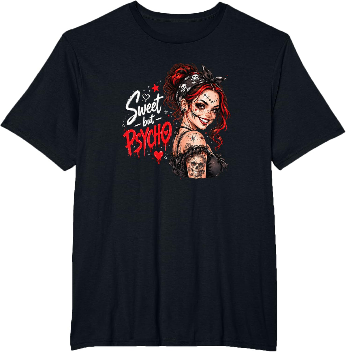 Sweet But Psycho Gothic Girl Red Black Skull Alternative Art T-Shirt - Black