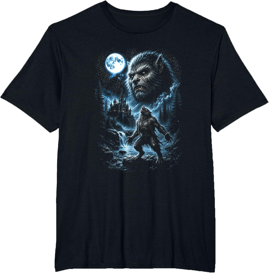 Werewolf Howling at Moon Bootleg Halloween T-Shirt - Black