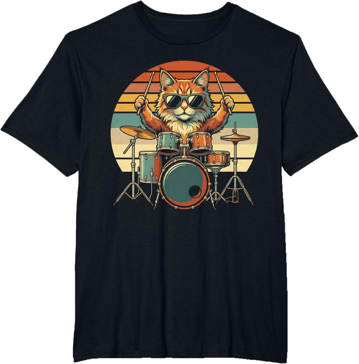 Cat Playing Drum Sunglasses Drumming Funny Drummers T-Shirt - Black