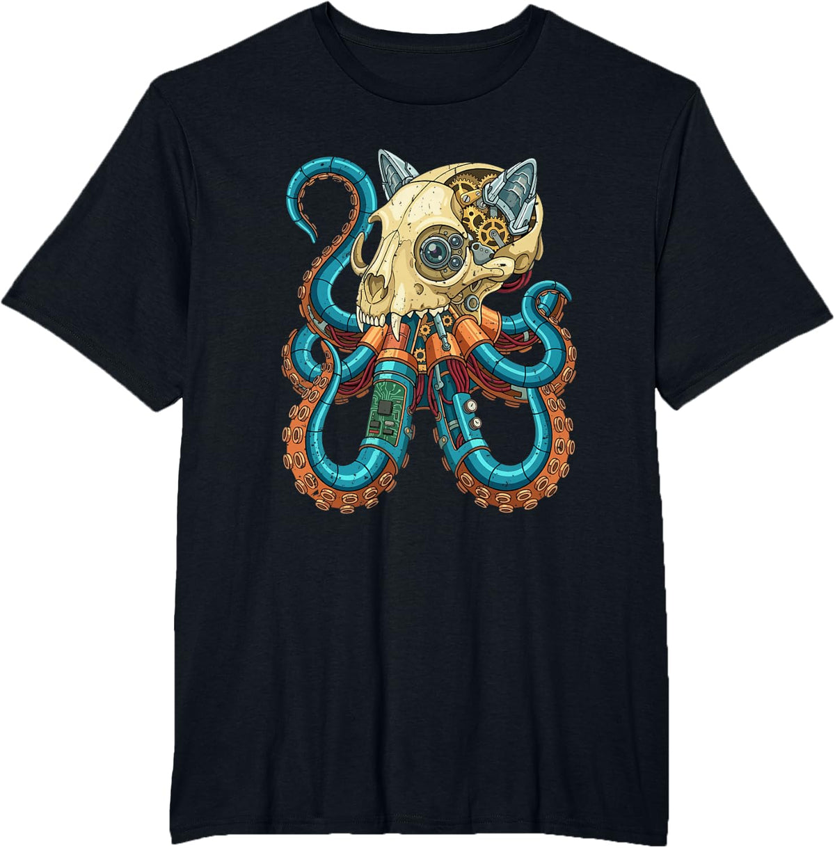 Cat Skull Octopus Tentacle Steampunk Art T-Shirt - Black