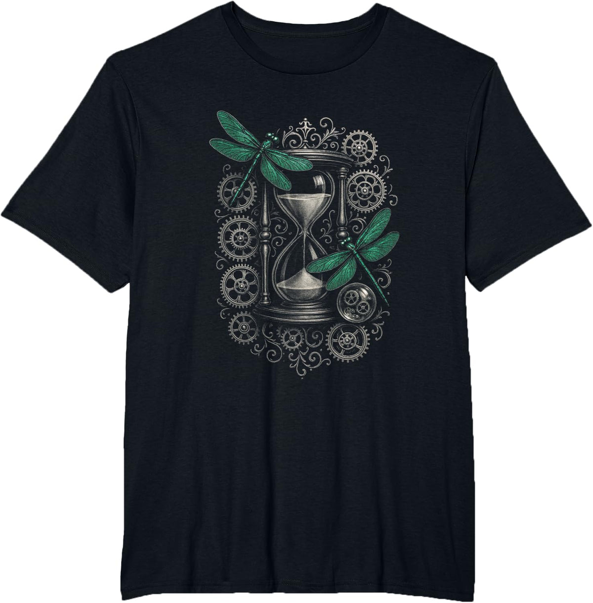 Vintage Hourglass - Steampunk Mechanical Gears T-Shirt - Black