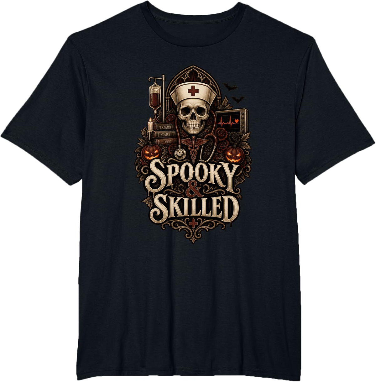 Spooky Skilled Nurse Halloween Medical RN Practitioner T-Shirt - Black