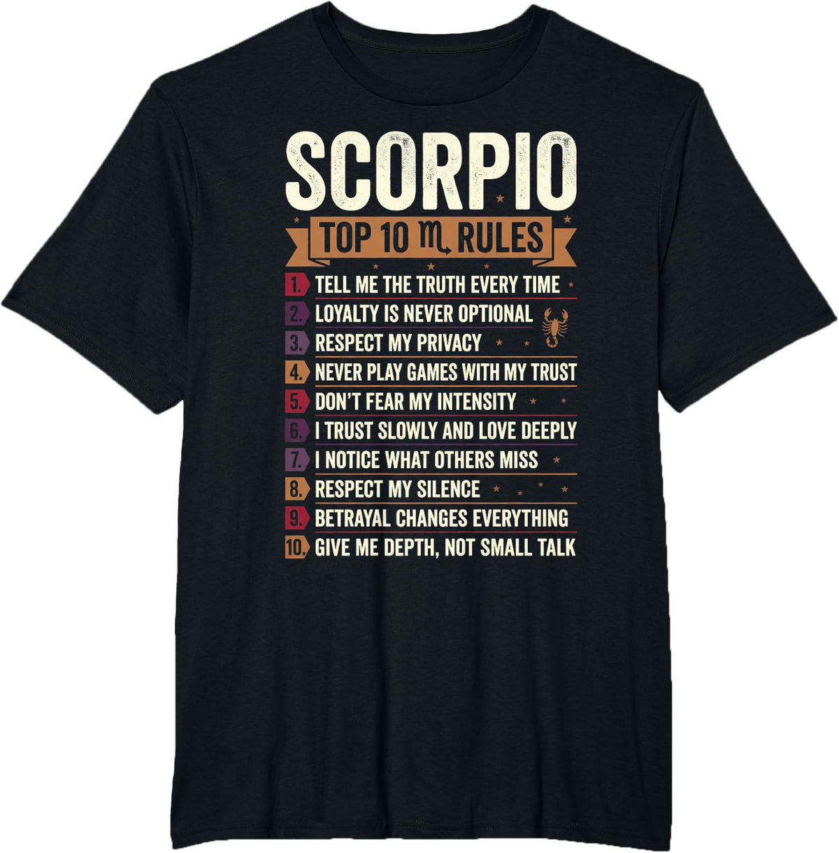 Scorpio Top 10 Zodiac Rules Astrology Horoscope Design T-Shirt - Black