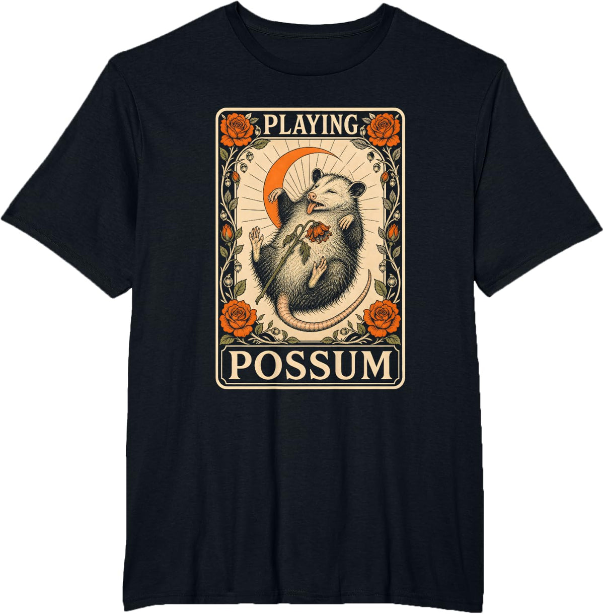 Playing Possum Opossum Tarot Card Moon T-Shirt - Black