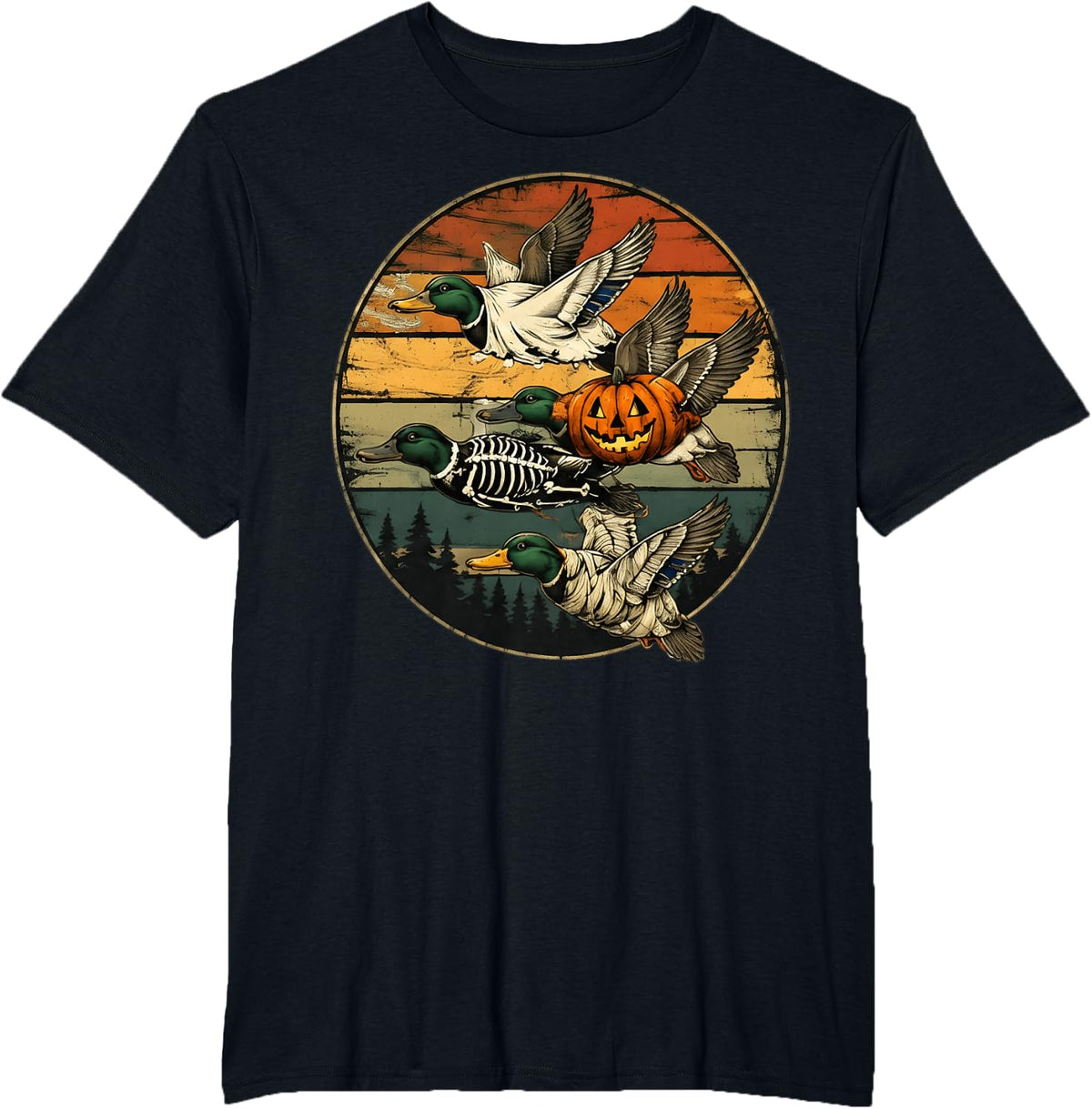 Duck Hunting Halloween Skeleton Pumpkin Ducks T-Shirt - Black