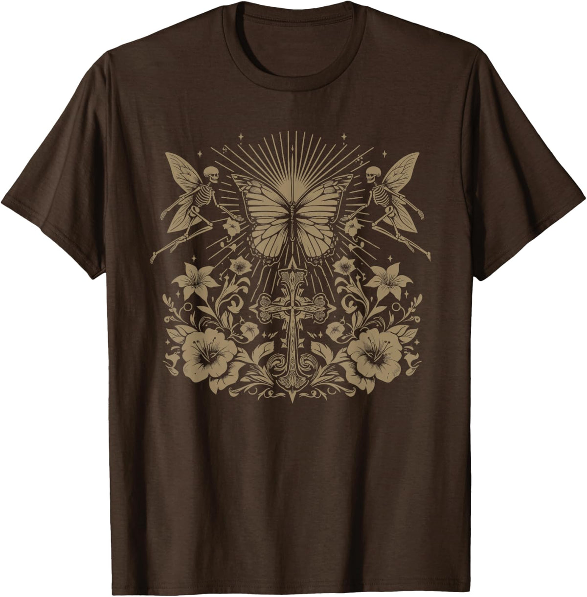 Therian Y2K Grunge Aesthetic Alt Goth Skeleton Cross Gothic T-Shirt - Brown